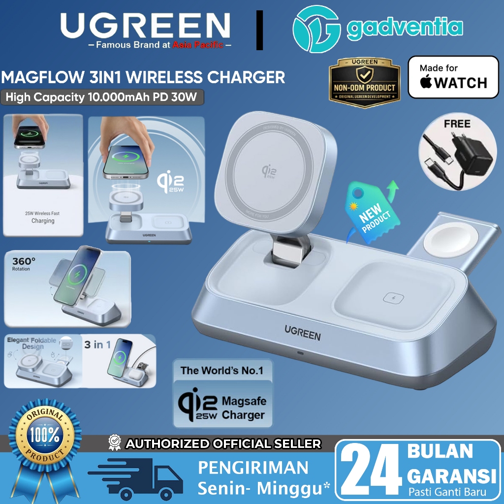 UGREEN MagFlow 3-in-1 Magnetic Wireless Desktop Charger Qi2 25W For Airpod iPhone iWatch