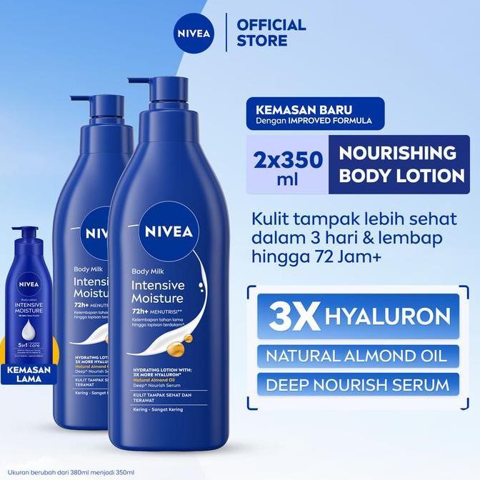 [PAKET HEMAT ISI 2] NIVEA Body Lotion Intensive Moisture Body Milk 350ml - 72 Jam+ menutrisi & melembapkan kulit agar kulit tampak sehat & terawat - 3x Hyaluron, Natural Almond Oil, Deep Nourish Serum, Halal