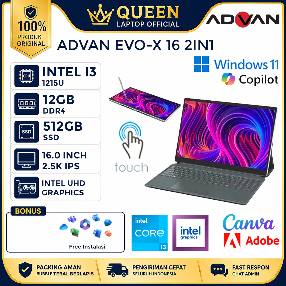 Laptop Advan EVO-X 16 2IN1 INTEL I3 1215U 12GB 512GB 2.5K IPS Touchscreen PEN Win 11 home Original