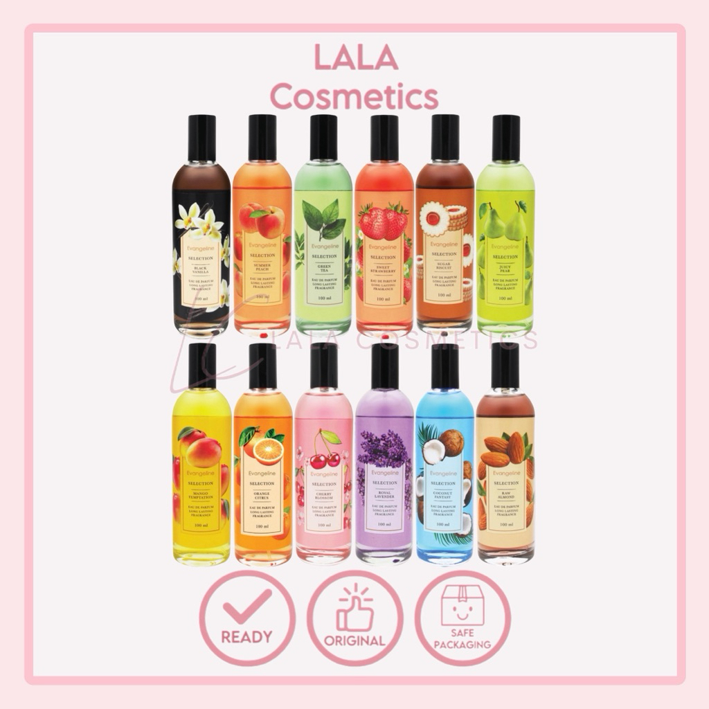 EVANGELINE EDP Eau De Parfum Selection 100ML Black Vanilla | Cherry Blossom | Strawberry | Raw Almond | Sugar Biscuit | Orange | Mango | Green Tea | Coconut | Royal Lavender | Juicy Pear | Summer Peach