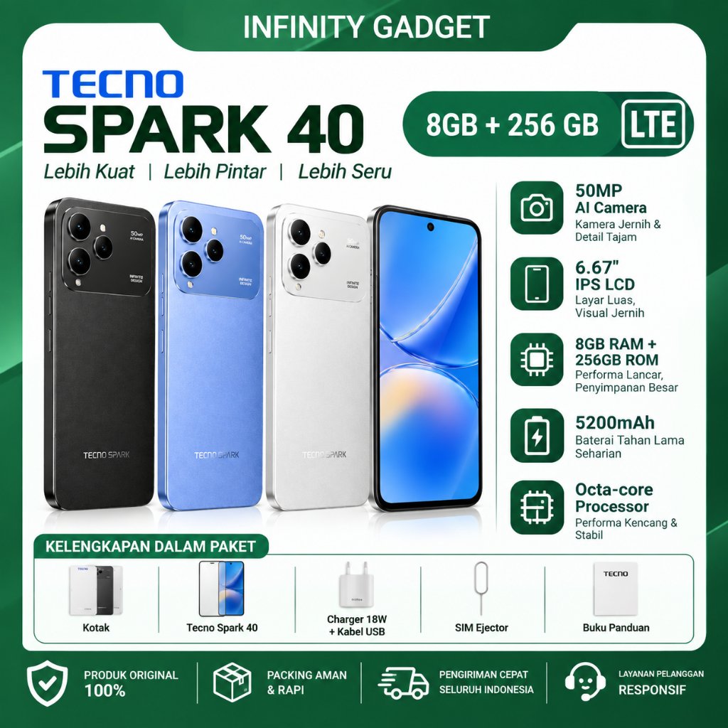 Jual HP Tecno Smartphone SPARK 40 4G RAM 8GB ROM 256GB Kamera AI 50MP Fast Charging 45W Bergaransi | Shopee Indonesia
