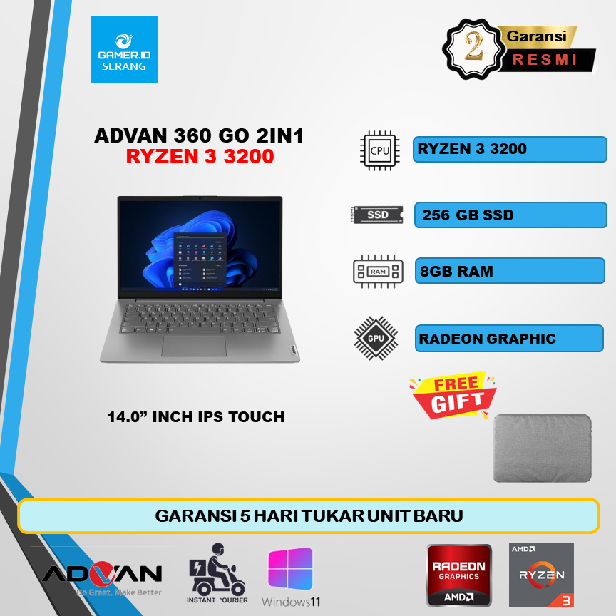 ADVAN 360 GO 2IN1 RYZEN 3 3200 8GB 256GB 14.0 IPS TOUCH RESMI