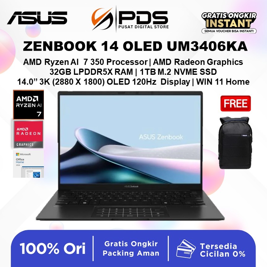 ASUS Zenbook 14 OLED UM3406KA Ryzen AI 7 350 Ram 32GB SSD 1TB 14" 3K BLIT WIN 11+OHS 2021 2Y - Garansi Resmi