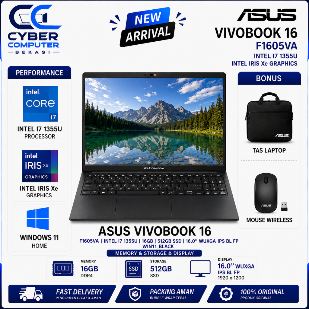 Asus Vivobook 16 F1605VA Intel Core I7 1355U RAM 16GB 1TB SSD 16.0 WUXGA IPS BL FP Win11 Home Black