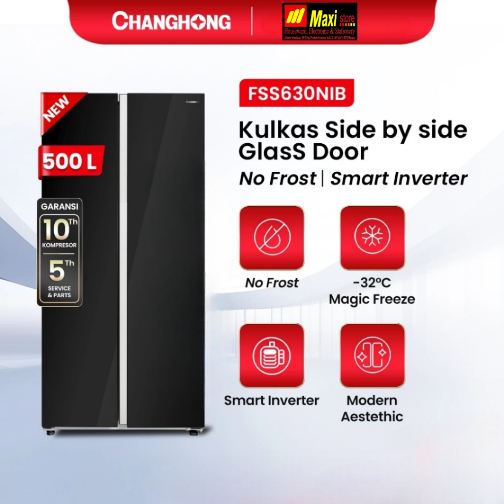 Changhong 500L Kulkas Glass Door Side By Side Pintu Kaca Inverter Refrigerator FSS630NIGB-Black - Garansi Resmi