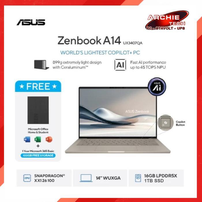 ASUS Zenbook A14 UX3407QA IPSP111M Snapdragon X X126100 16GB 1TB W11 OHS M365 Zabriskie Beige