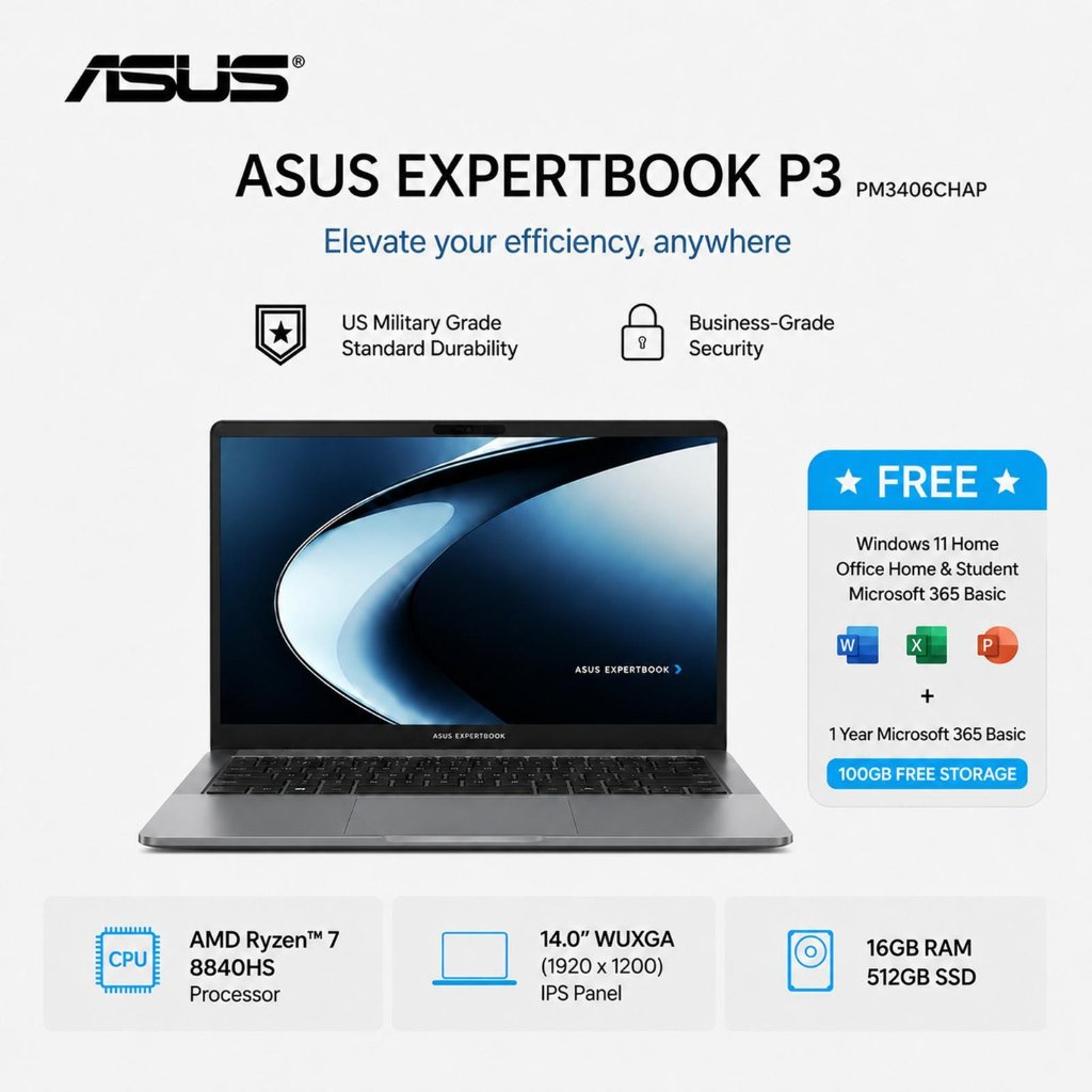 Laptop ASUS EXPERTBOOK P3 G1 PM3406CHAP RYZEN 7 8840HS 16GB 512GB W11+OHS+M365B 14.0WUXGA 3Y GRY -LY7152WS