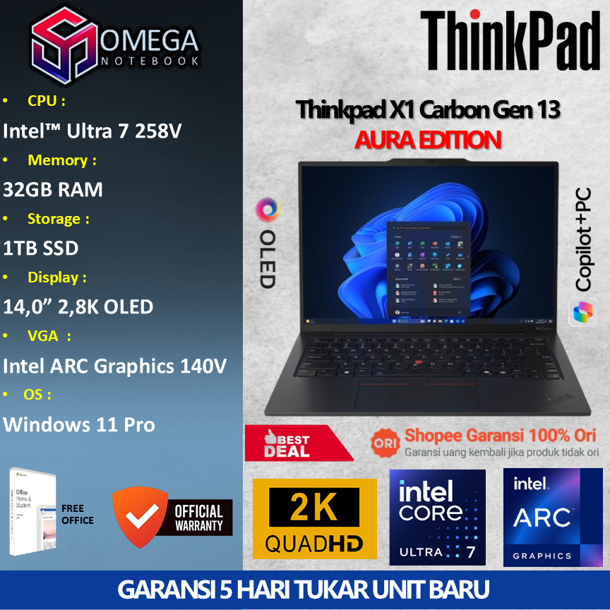 Jual Lenovo Thinkpad X1 Carbon Gen 13 Aura Edition Ultra 7 258V 32GB 1TB 14,0 2,8K Windows 11 Profesional | Shopee Indonesia