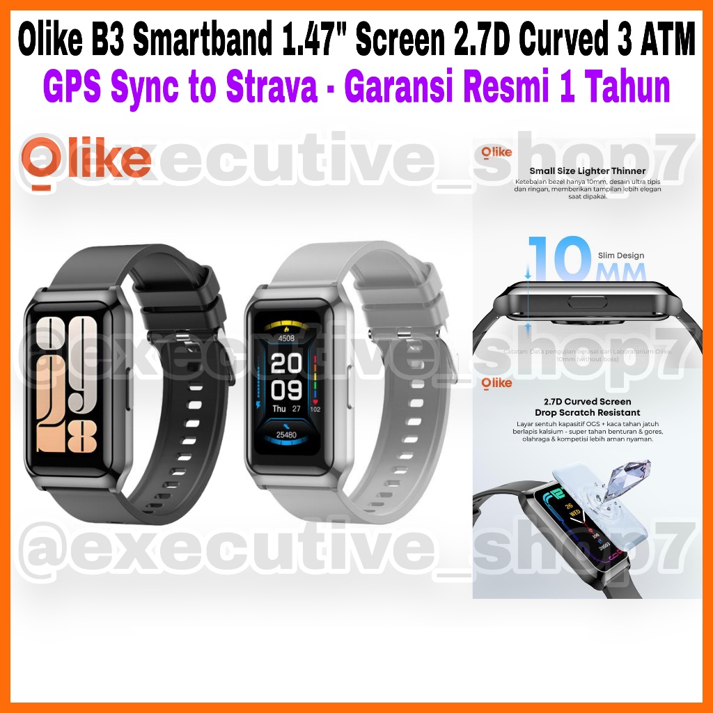 Olike B3 Smartband 1.47" Screen 2.7D Curved 3 ATM - GPS Sync to Strava - Garansi Resmi 1 Tahun