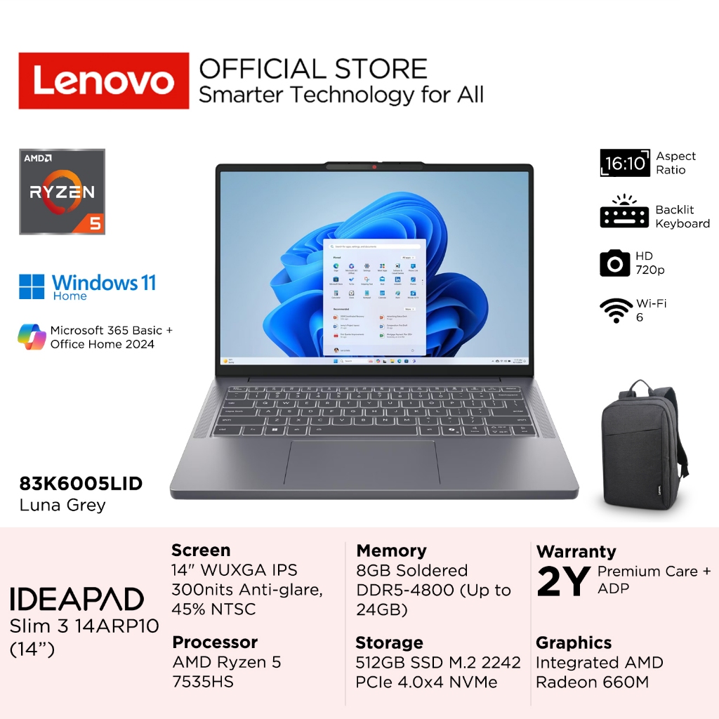 Lenovo IdeaPad Slim 3 14ARP10 5LID 5KID AMD Ryzen 5 7535HS, Integrated AMD Radeon 660M Graphics, RAM 8GB, 512GB SSD, 14" WUXGA IPS, Windows 11 Home + Microsoft 365 Basic + Office Home 2024, Laptop 14" 83K6005LID Luna Grey 83K6005KID Cosmic Blue