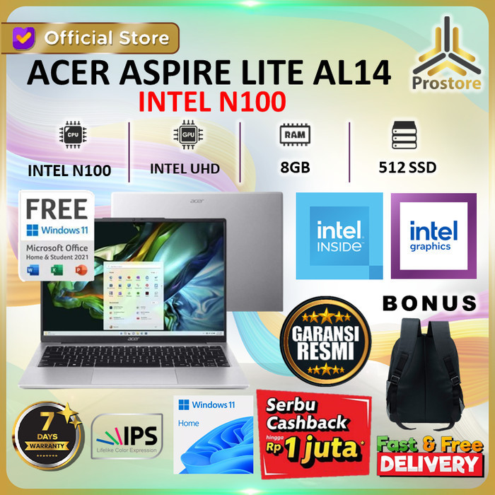 Laptop Acer Aspire Lite Al14 Intel N100 8Gb 512Gb W11+Ohs 14"Wuxga Ips