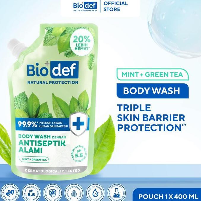 Biodef Natural Protection Mint - Green Tea Body Wash Refill 400 ml | Sabun Mandi Cair Antiseptik Aman dan Halal | Sabun Mandi Melembabkan| Sabun Mandi Cair Whitening Untuk Meredakan Jerawat Punggung, Back Acne, dan Minyak Pada Kulit