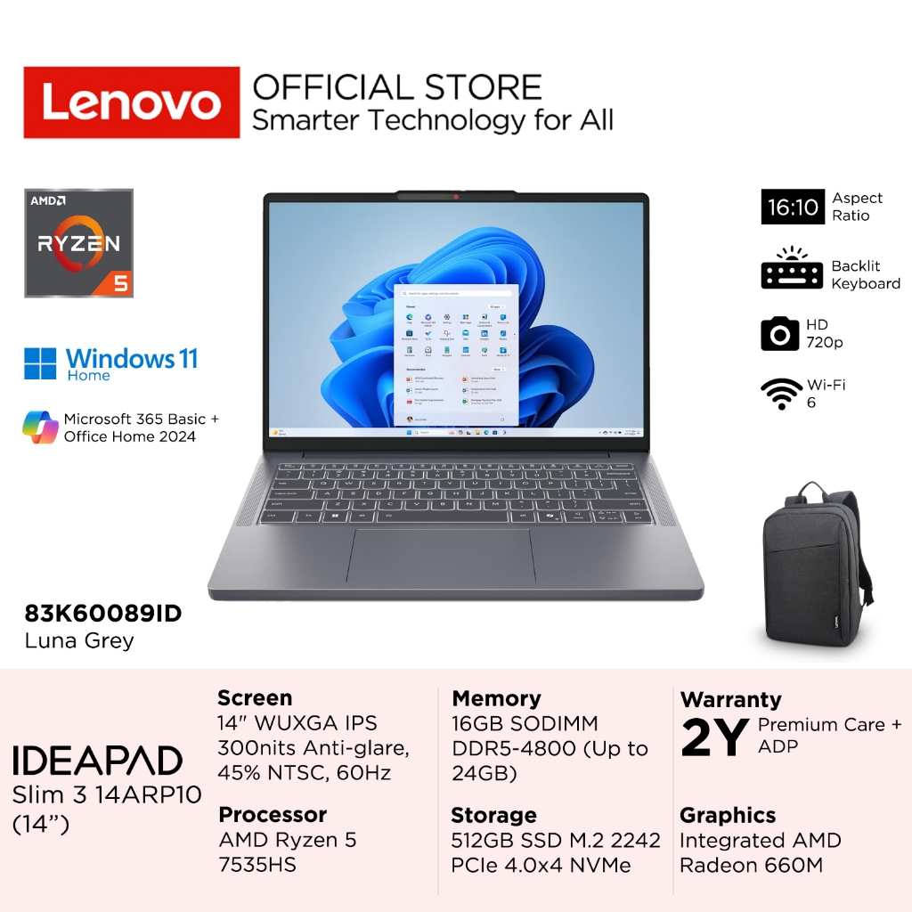 Lenovo IdeaPad Slim 3 14ARP10 89ID 8AID AMD Ryzen 5 7535HS, Integrated AMD Radeon 660M Graphics, RAM 16GB, SSD 512GB, 14" WUXGA IPS 45% NTSC, Win11 Home + Microsoft 365 Basic + Office Home 2024, Laptop 14 inch 83K60089ID Grey 83K6008AID Blue