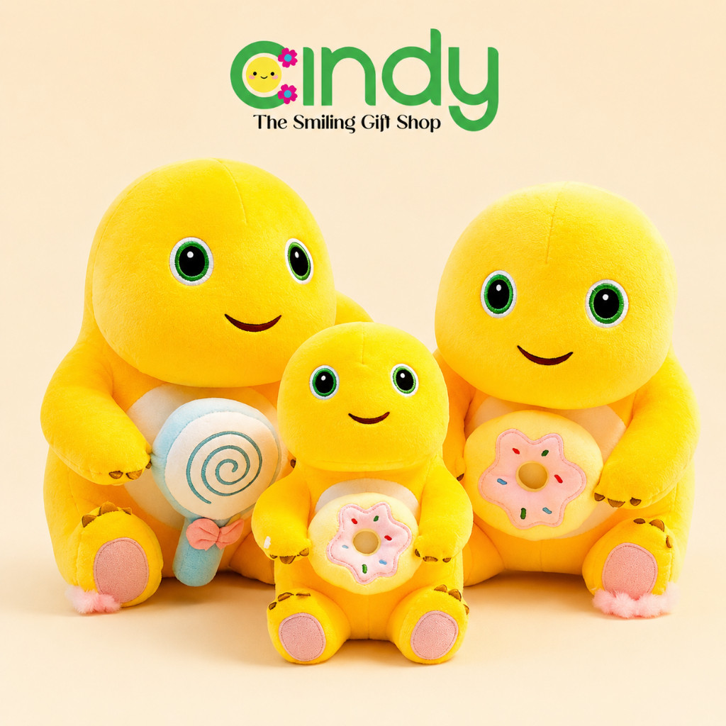 Cindy Boneka Dino Kuning Pegang Lollipop & Donat Halus Lembut - Nailong Plush Toy Premium Kado Ulang Tahun Anak