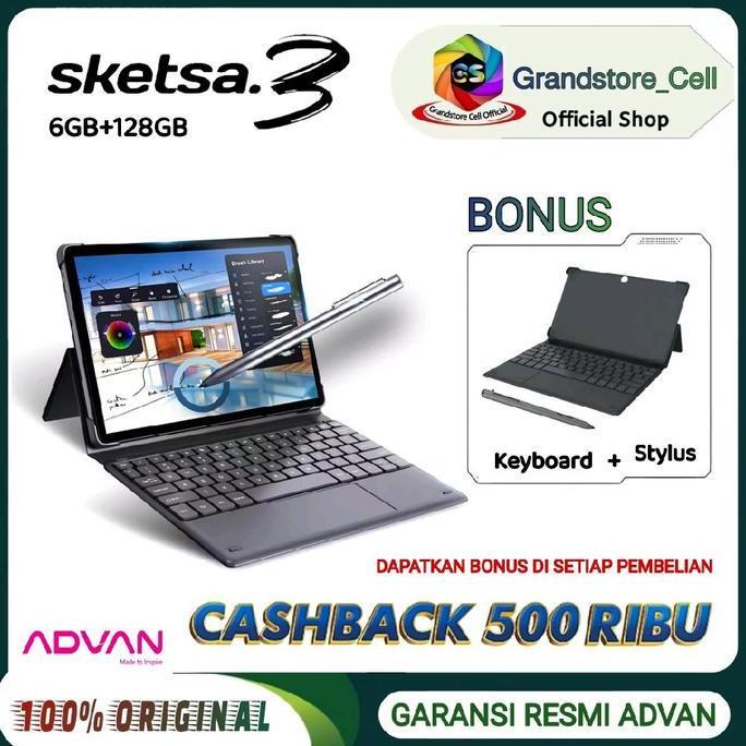 ADVAN Tab Sketsa 3 [6GB+128 GB] [ FREE Keyboard + Stylus] 10.1 Inchi HD IPS, Tiger T606 Android - GARANSI RESMI ADVAN