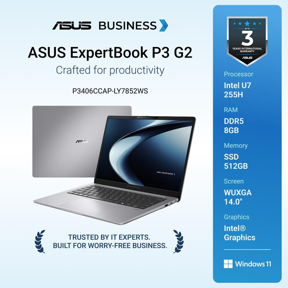 Jual ASUS ExpertBook P3 G2 [P3406CCAP-LY7852WS] Ultra 7 255H/DDR5 8G/512G 2280 PCIE G4/14.0/VIPS/WUXGA (1920x1200)/Win 11 Home/OHS+M365/4CELL 70WH/Wi-Fi 6/1Y CARRY-IN(ADP)+2Y CARRY-IN/Fingerprint/Backlit KB/BACKPACK/CMOS FHD/Mcafee 1Y Windows 11 Home | Sh
