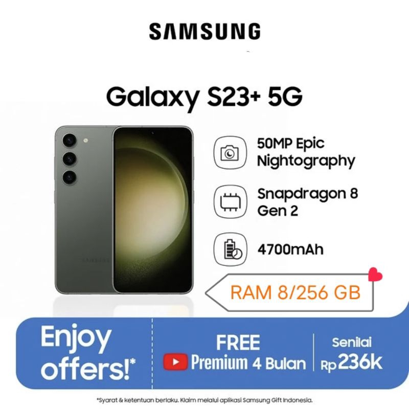 SAMSUNG GALAXY S23+ 8/256GB 5G GREEN 50MP EPIC SNAPDRAGON 8 GEN 2 BATERAI 4700mAh RESMI 12 BULAN