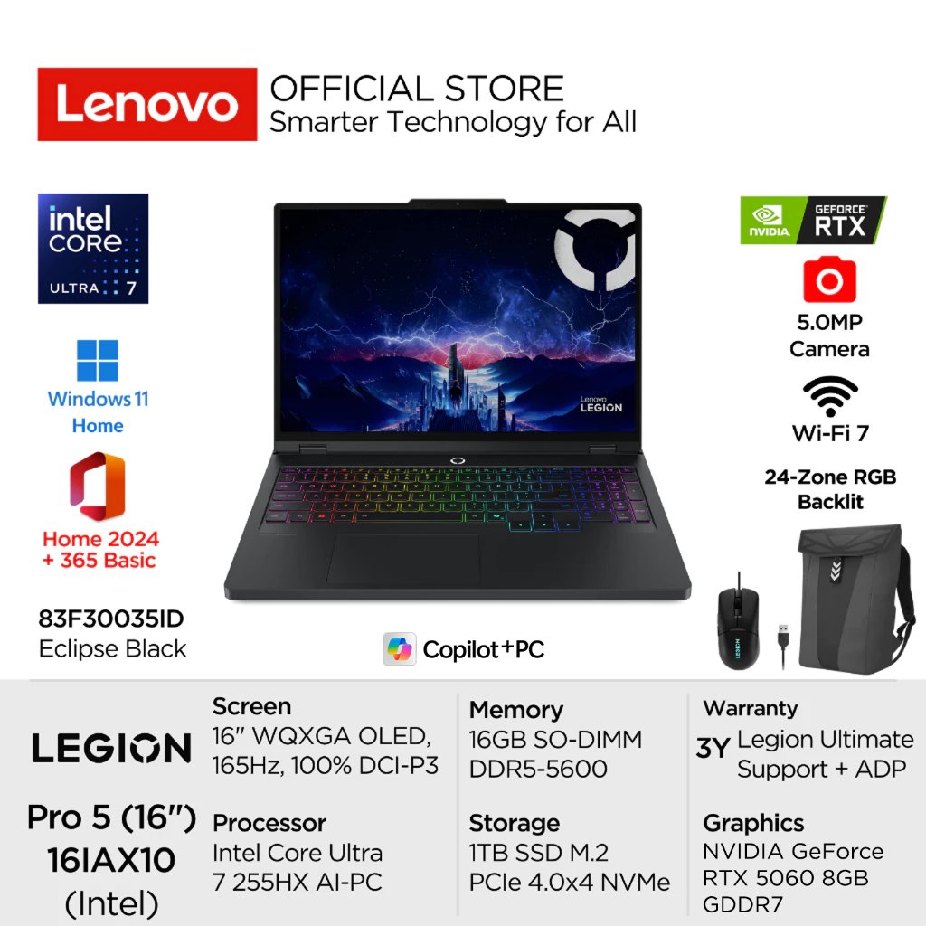 Jual Lenovo Legion Pro 5i 16IAX10 35ID Intel Core Ultra 7 255HX Win11 16GB 1TB SSD NVIDIA RTX 5060 8GB 16" WQXGA OLED 500nits 100% DCI-P3 165Hz Glossy OHS WiFi7 Backlit Laptop 16inch Content Creator 83F30035ID Black Garansi Resmi Windows Office 2024 AI No