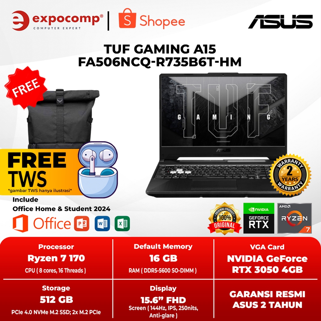 ASUS TUF GAMING A15 FA506NCQ-R735B6T-HM BLACK AMD RYZEN 7-170 16GB 512GB RTX 3050 4GB GDDR6 WIN 11 HOME + OFFICE HOME 2024