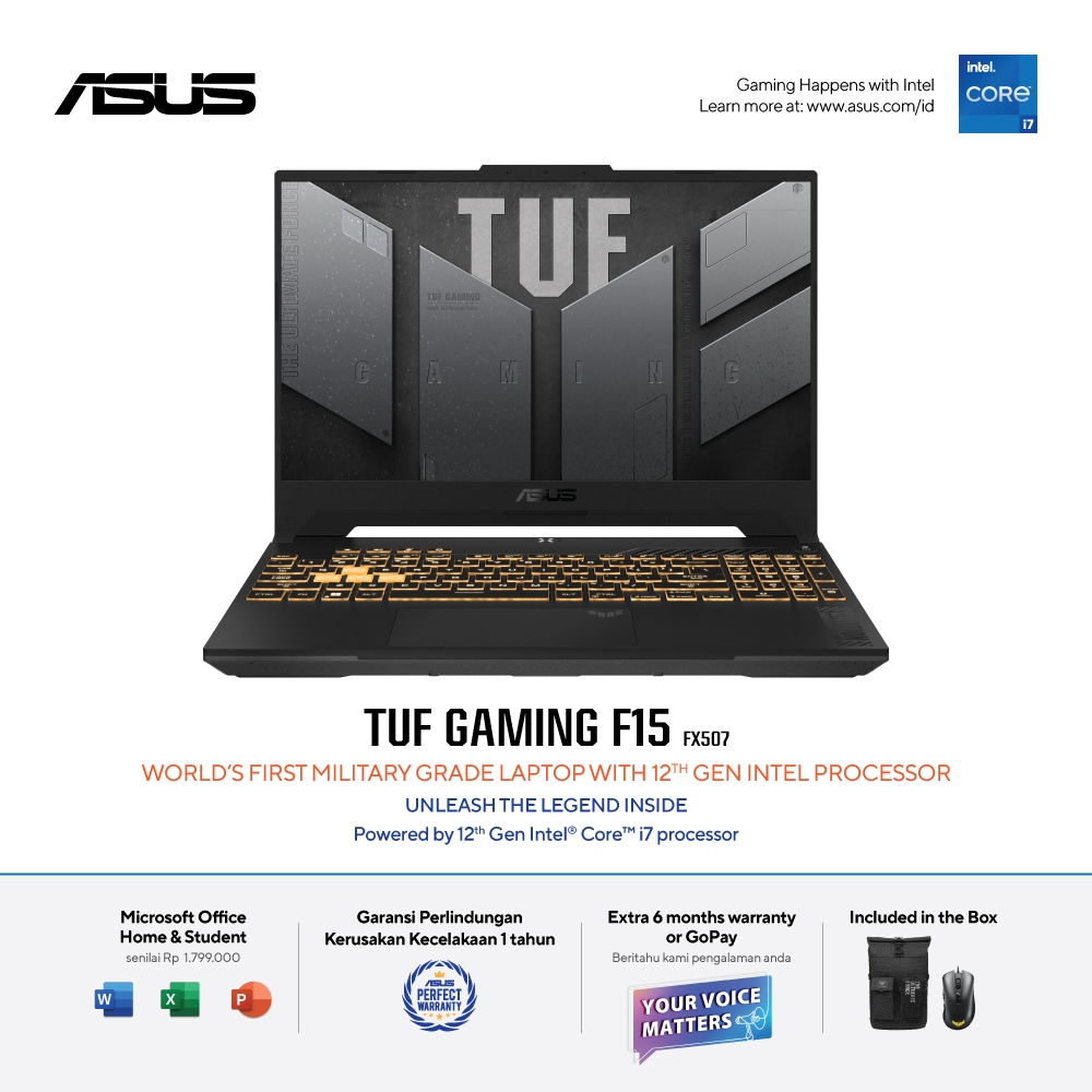 ASUS TUF Gaming F15 FX507ZC4-I735B6M-OM (12th Gen Intel® Core™ i7-12700H/DDR4 16GB/512GB SSD/Windows 11 Home /NVIDIA® GeForce RTX™ 3050 Laptop GPU) - Mecha Gray