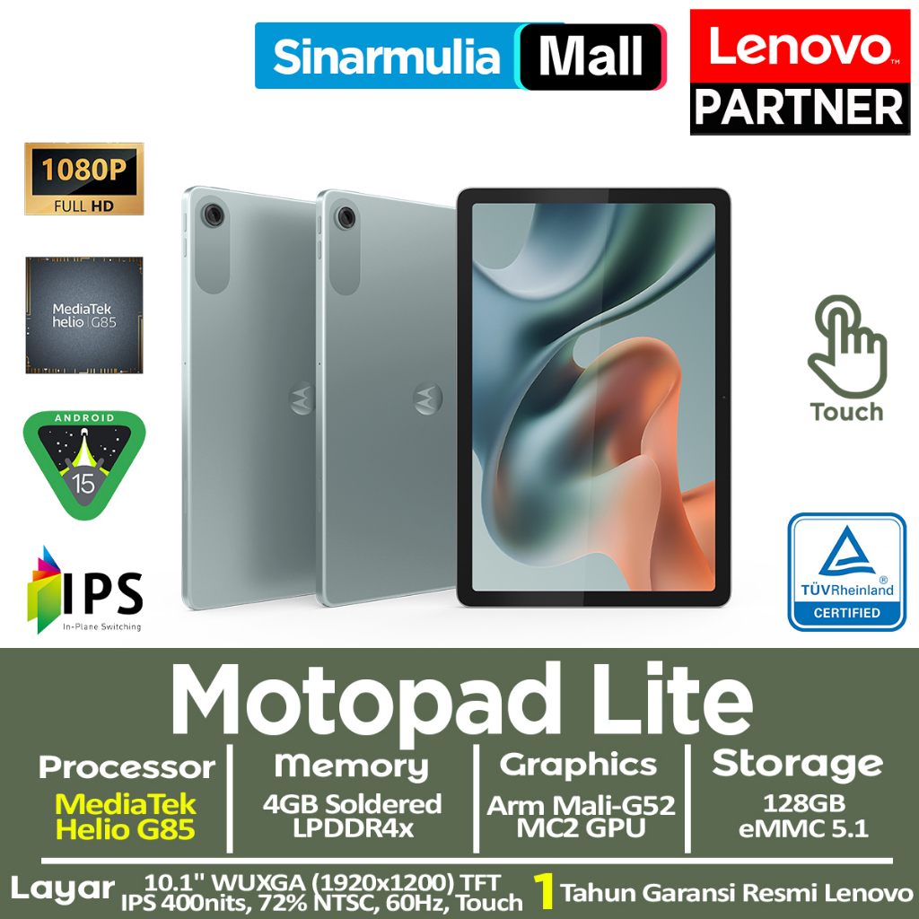 Motorola Moto Pad 60 Lite ZAGK0000ID Sky Grey - MediaTek Helio G85, Integrated Arm Mali-G52 MC2 GPU, RAM 4GB, 128GB eMMC, 10.1"