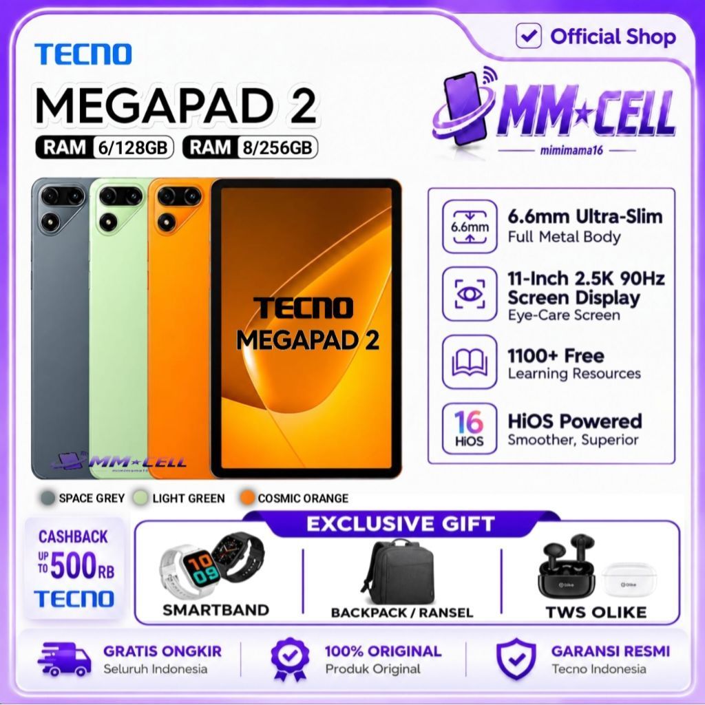 TECNO MEGAPAD 2 RAM [ 6/128GB | 8/128GB ] MEGAPAD 2 GARANSI RESMI INDONESIA