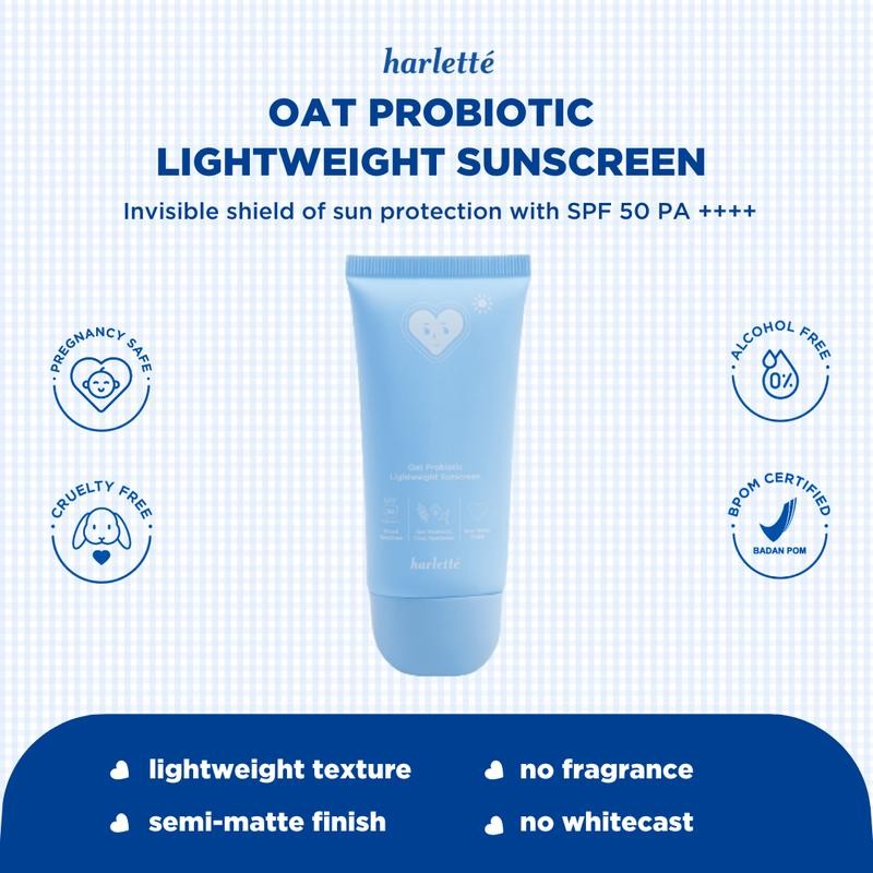 Harlette Oat Probiotic Lightweight Sunscreen SPF 50 PA++++ | Sensitive, Acne Prone, UV Protection, Skin Barrier, Melindungi Wajah dari Sinar Matahari, Berjerawat