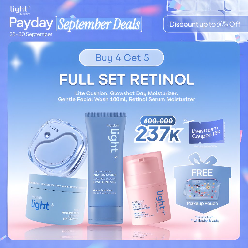 Lightplus by Wardah 4in1 Full Set Retinol Serum Moisturizer, Lite Skin Filter Cushion, Gentle Facial Wash, Glowshot Day Moist - Paket Kecantikan Skincare Lengkap Daily Essential Makeup Cushion Skincare, Glowing, Flawless - Bundle