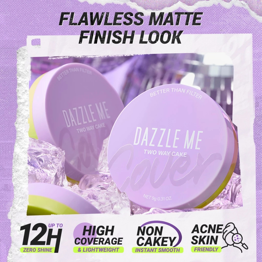 DAZZLE ME Better Than Filter Double Kill Two Way Cake Pressed Powder Matte Bedak Padat Compact Powder Foundation High Coverage