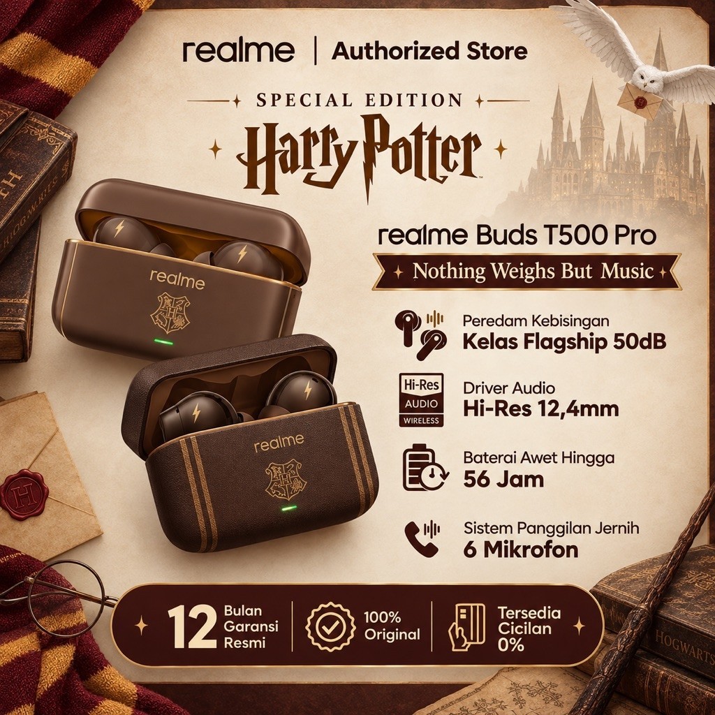 Jual realme Buds T500 Pro Harry Potter edition (50dB Flagship Noise Cancellation | Candy Box Design | 12.4mm Hi-Res audio drivers | 56 Long lasting batt) | Shopee Indonesia