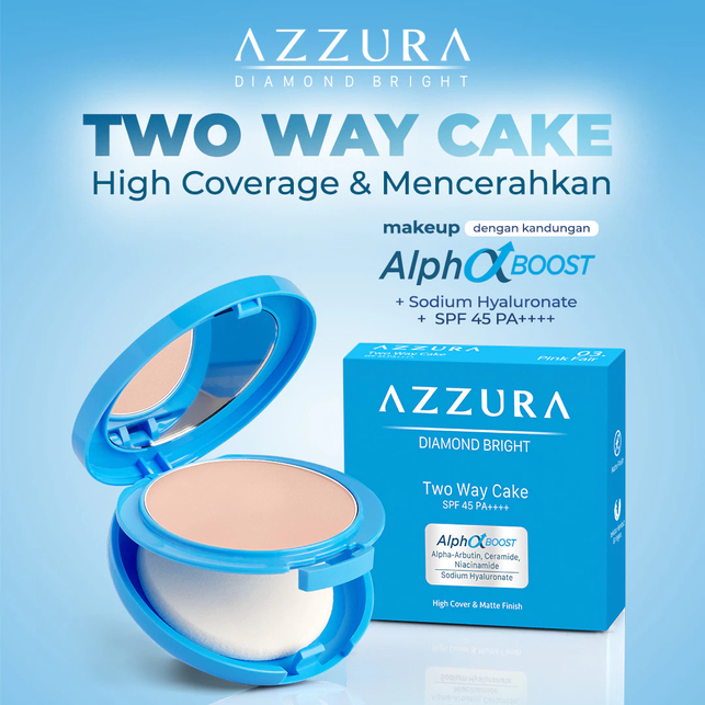 AZZURA Two Way Cake Diamond Bright TWC SPF 45 PA++++ High Coverage, Light Feeling, Brightening Powder Foundation