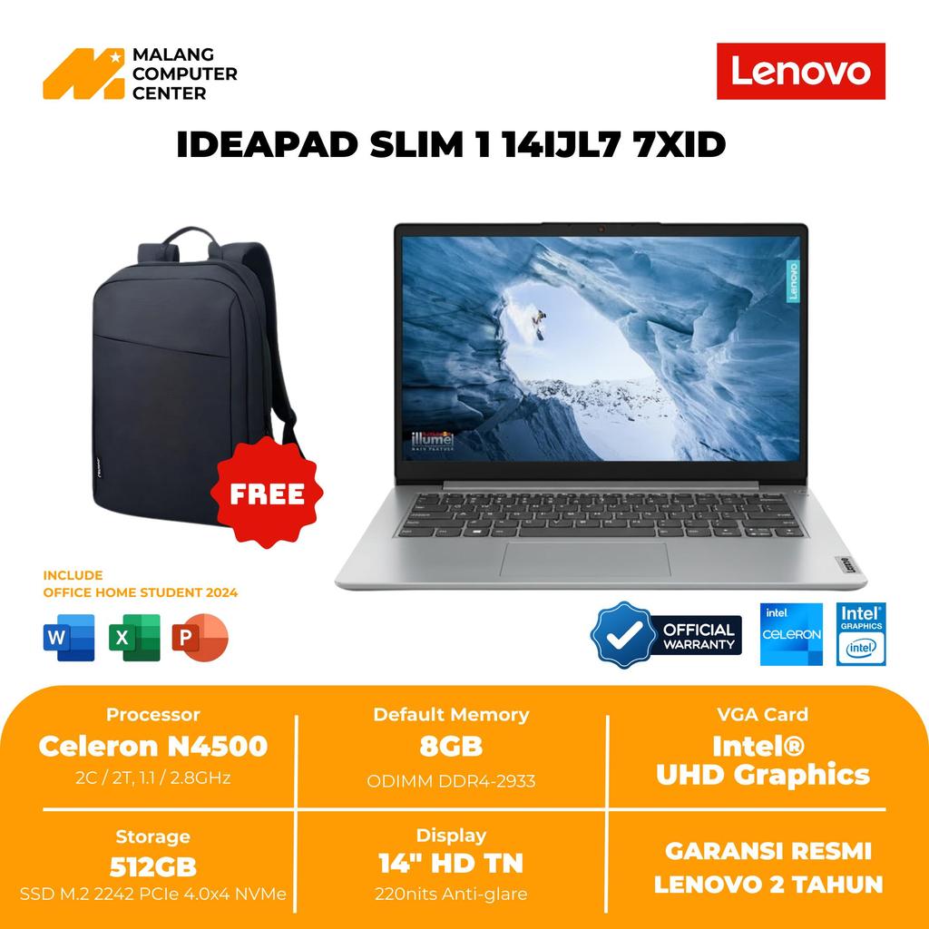 LENOVO IDEAPAD SLIM 1 14IJL7 7XID DC N4500 Win11 OHS (14"/UMA/512GB/8GB) BERGARANSI RESMI