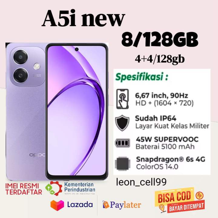 OPPO A5i RAM 8+128 GB processor snapdragon 6s gen 1 layar 6.7 inci new series | Lazada Indonesia