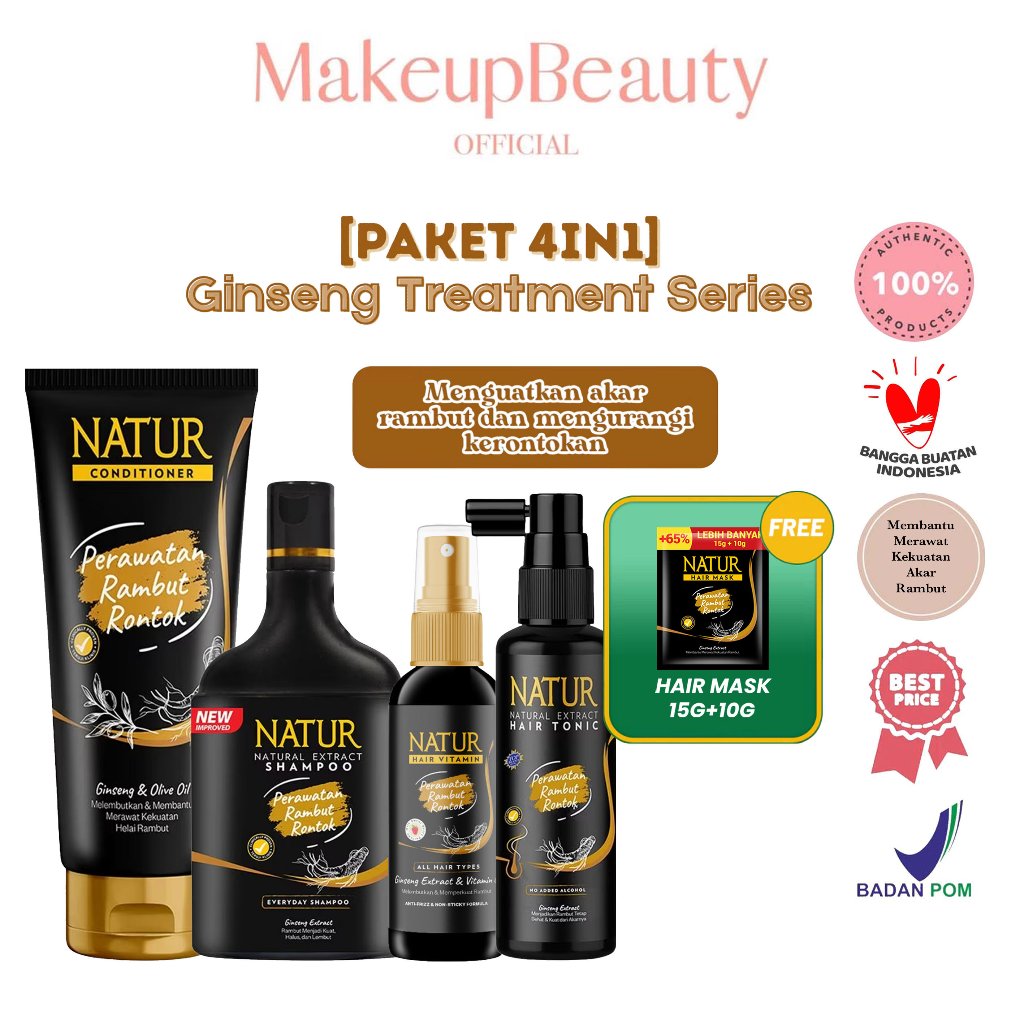 [PAKET 4IN1] NATUR Hair Ginseng - Shampoo 140ml | Hair Tonic 90ml | Conditioner 160ml | Vitamin 80ml