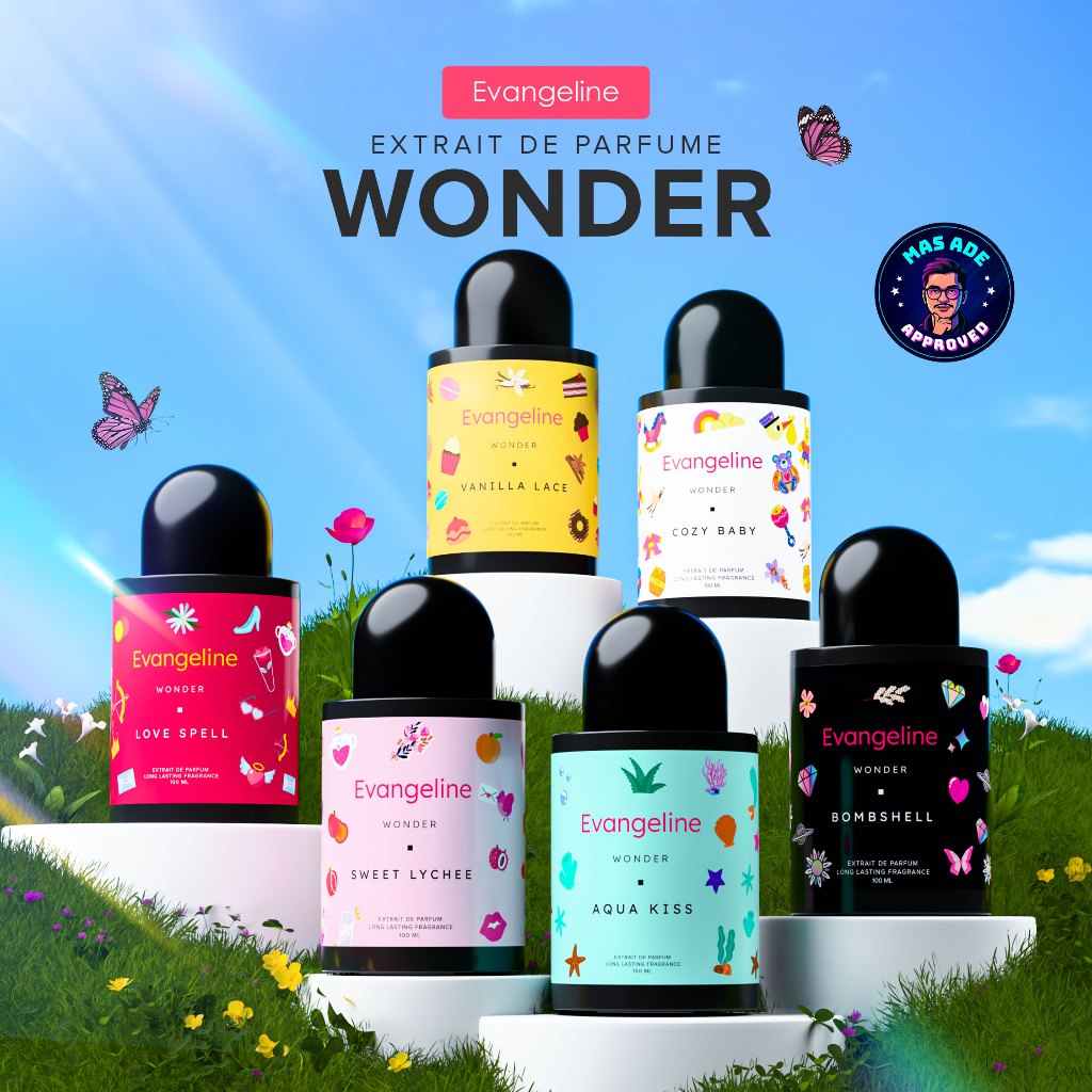 Evangeline Wonder Series - Extrait De Parfum 100 ML | Parfum Perfume Minyak Wangi Wanita Pria Tahan Lama - Aqua Kiss / Sweet Lychee / Bombshell / Vanilla Lace / Love Spell / Cozy Baby