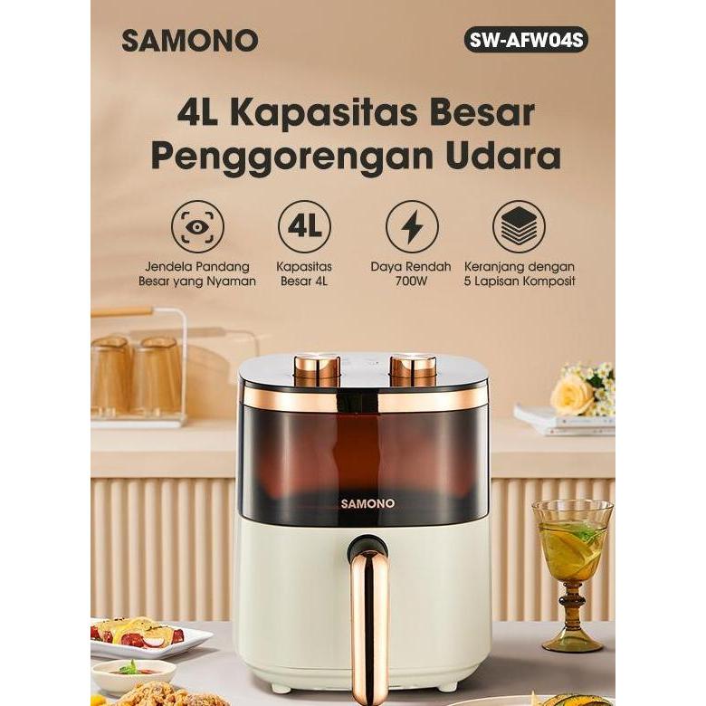 TERLARIS - [EKSKLUSIF STEVEN.STENLYY] SAMONO Aesthetic Transparan Air Fryer 4 Liter 700W Low Watt SNI Hemat Listrik Mesin Penggoreng Tanpa Minyak [SW-AFW04S]