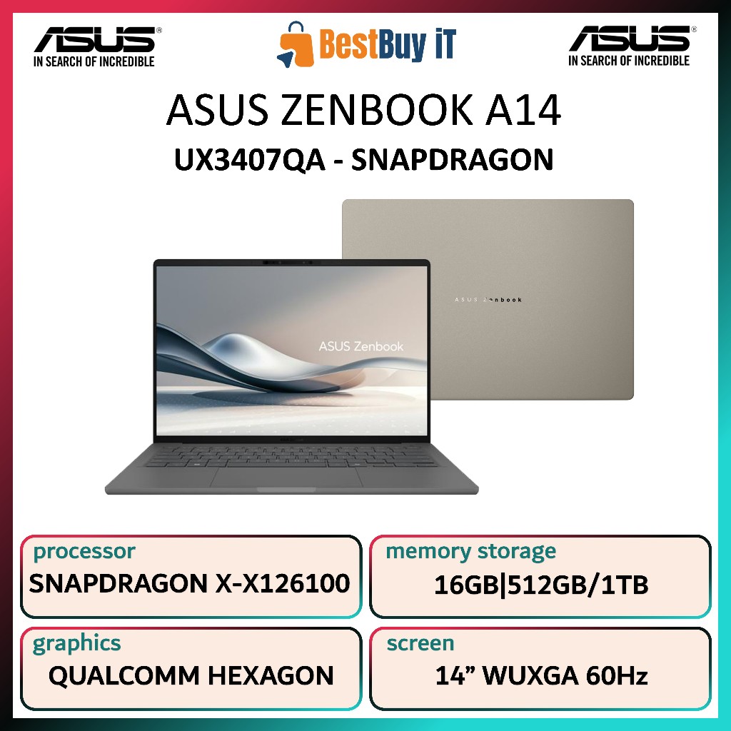 ASUS Zenbook A14 UX3407QA Snapdragon X X1 26 100 Qualcomm Adreno GPU 16GB 512GB 14" W11 OHS M365