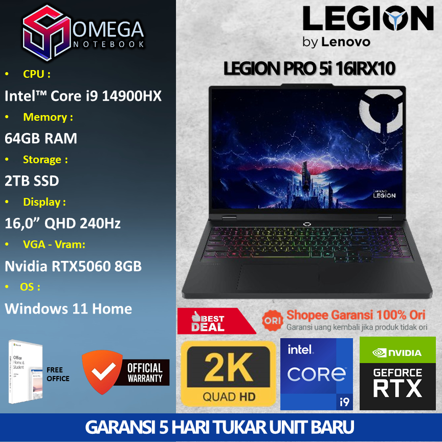 Lenovo Legion PRO 5i 16IRX10 i9 14900HX 64GB 2TB RTX5060 8GB 16,0 WQXGA Windows 11 + Office