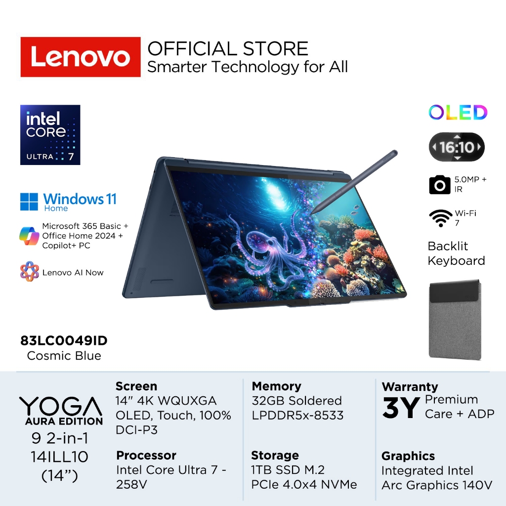 Jual Lenovo Yoga 9i 2in1 14ILL10 Intel Core Ultra 7 258V Evo Aura Win11 32GB 1TB SSD 14" 4.5K WQUXGA OLED Touch 100% DCI-P3 Integrated Arc OHS 4EID 49ID Laptop 14inch Touchscreen MilSpec Tipis 83LC0049ID Blue 83LC004EID Luna Grey Windows Office Copilot+ A