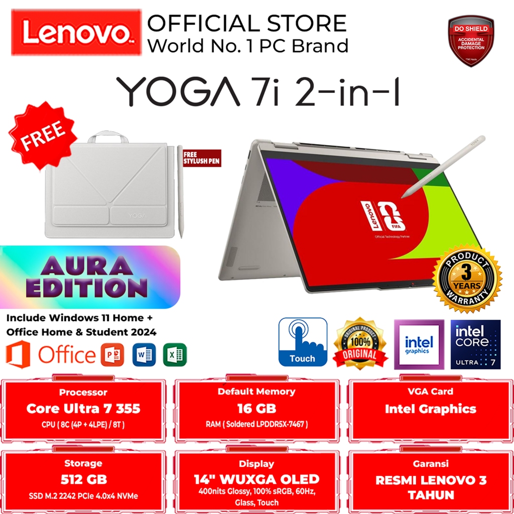 Jual LENOVO YOGA 7i 2-in-1 AURA EDITION 14IPH11 8GID SEASHELL ULTRA 7-355 OLED 16GB 512GB WIN 11 HOME + OFFICE HOME 2024 TOUCHSCREEN INTEL EVO | Shopee Indonesia