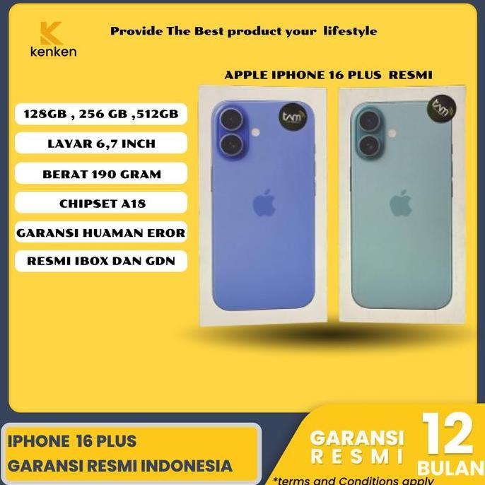 Apple iPhone 16 plus 128GB 256GB 512GB Garansi Resmi iBox/TAM/GDN Resmi Indonesia - Layar: Super Retina XDR OLED 6,69inch - Hitam, Kamera 48 mp