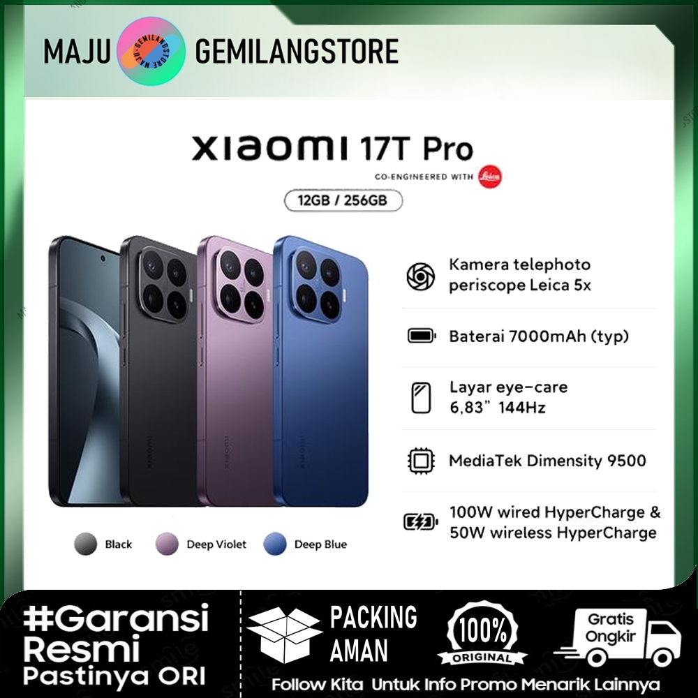 Jual Xiaomi 17T Pro - RAM 12+512GB | Layar: 6.83" AMOLED 144 Hz-MediaTek Dimensity 9500 (3 nm) Octa-core | Telefoto Leica 5x Hingga 120x AI Ultra Zoom|7.000 mAh 100W|HyperOS 3 berbasis Android 16 Garansi Resmi Xiaomi Indonesia 24 Bulan | Shopee Indonesia