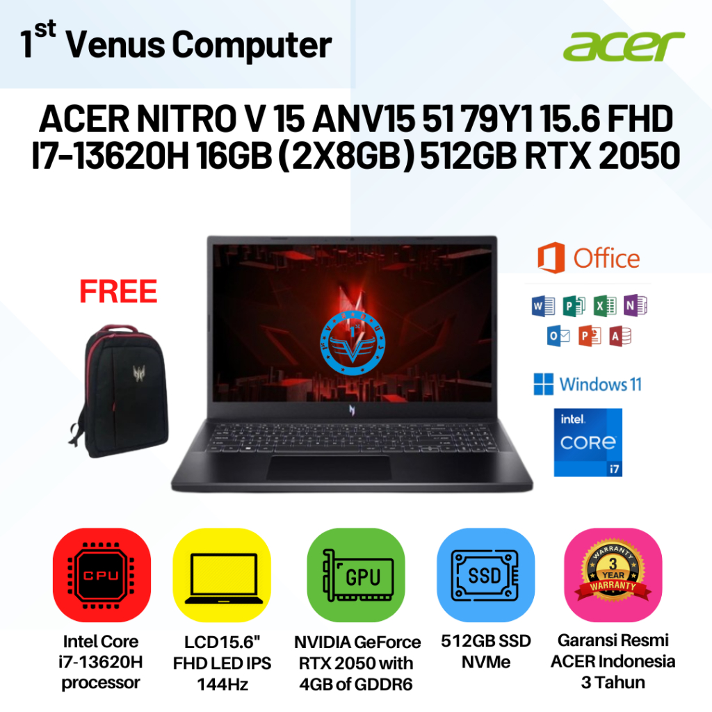 ACER NITRO V 15 ANV15 51 79Y1 15.6 FHD I7-13620H 16GB (2x8gb) 512GB RTX 2050