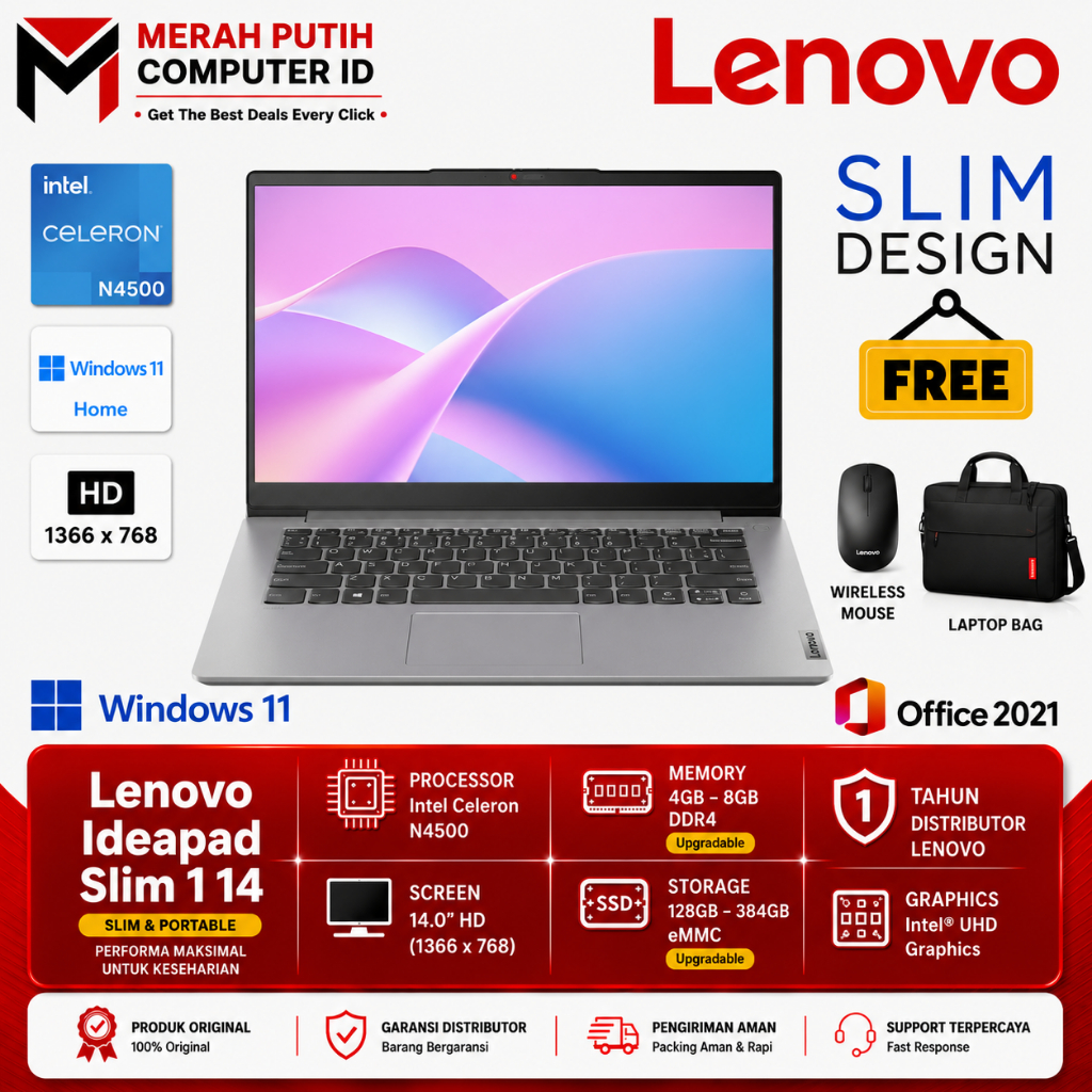 Lenovo IdeaPad Slim 1 14 Intel N4500 8GB 512GB SSD 14 HD Win11 Home Laptop Original Cloud Grey