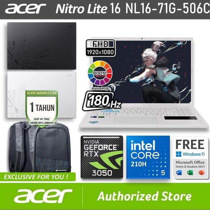 [Free Headset] ACER Nitro Lite 16 NL16-71G-506C RTX3050 6GB Intel Core 5 210H 16/512GB SSD Windows 11 OHS M365B 16" inch WUXGA 180Hz 100sRGB Pearl White and Shale Black