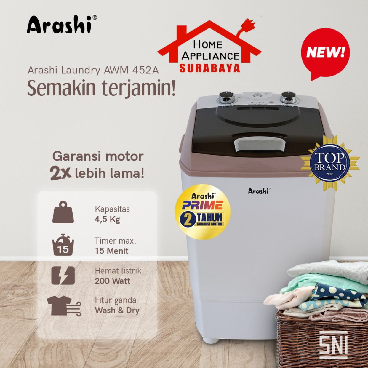ARASHI Mesin Cuci Laundry Arashi Kapasitas 4.5 KG AWM 451A - AWM 451 A / Arashi PRIME AWM 452A - AWM 452 A