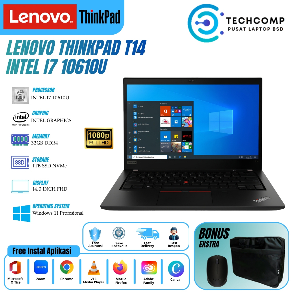 Laptop Murah LENOVO THINKPAD T14 Core I7 10610U 32GB 1TB SSD Layar 14.0  Inch FHD Wind11Pro Original