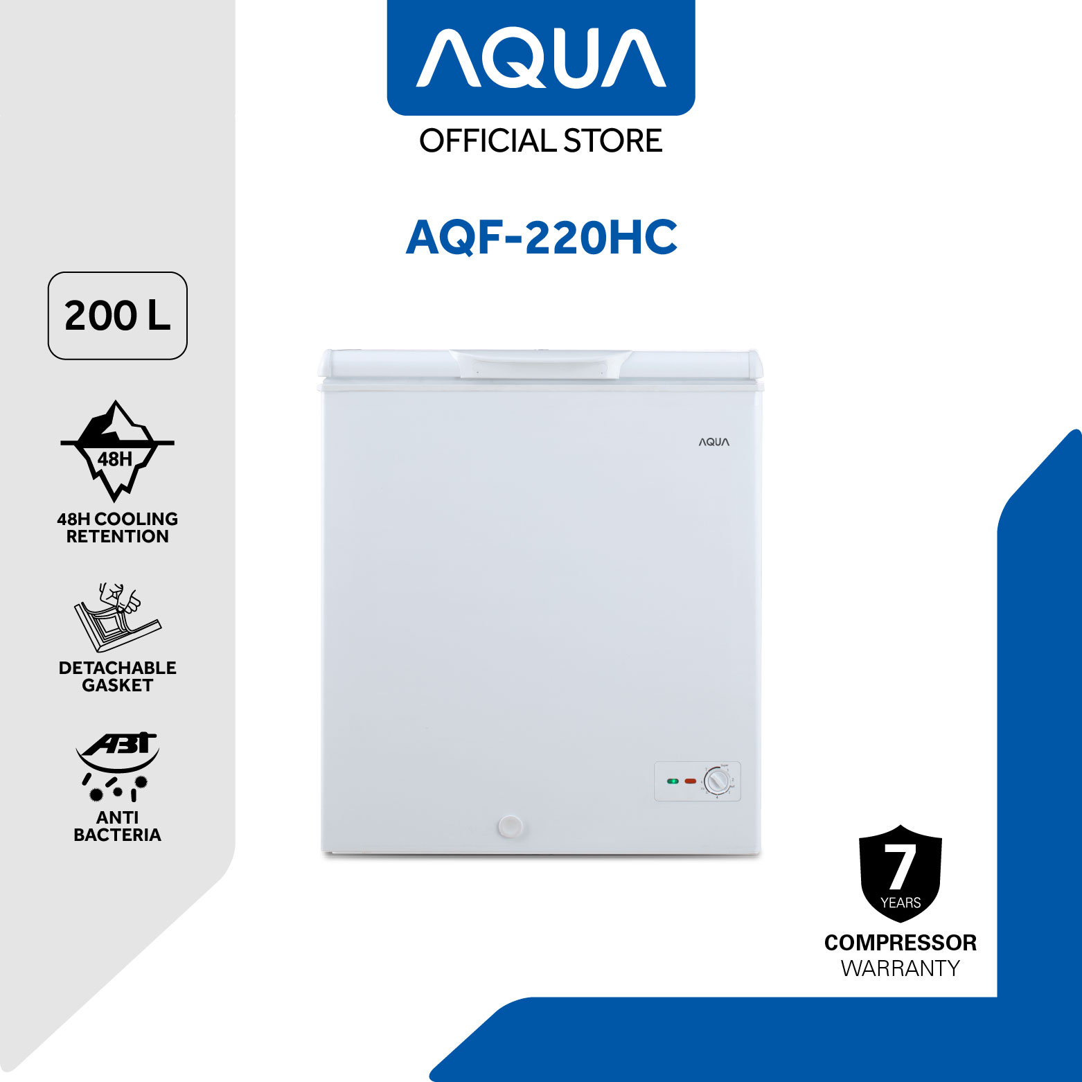 AQUA Chest Freezer 1 Pintu 200 L [White] - Double Effective Antibacteria - Fast Freezer Function - High Efficiency Compressor - Counter Balance Hinge - AQF-220HC