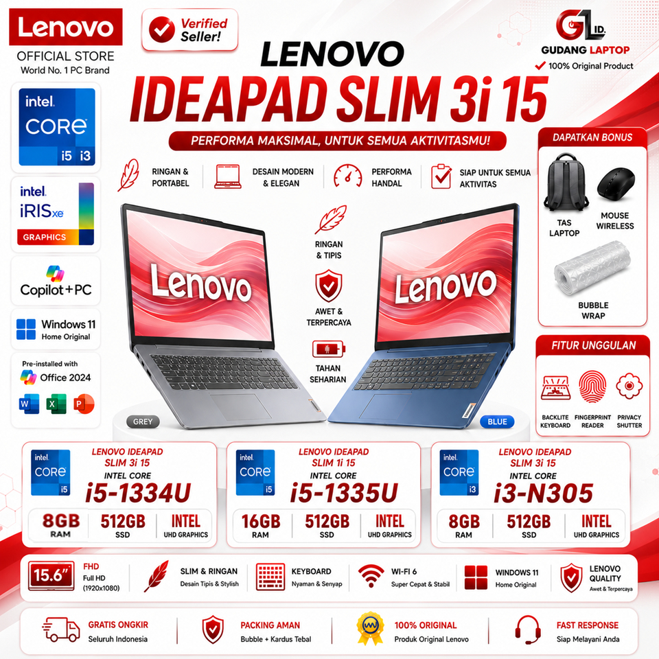 Lenovo Ideapad Slim 3i 15 Core i5 1334U ram 16gb 512gb | Lenovo slim 1 15 core i5 1335u original