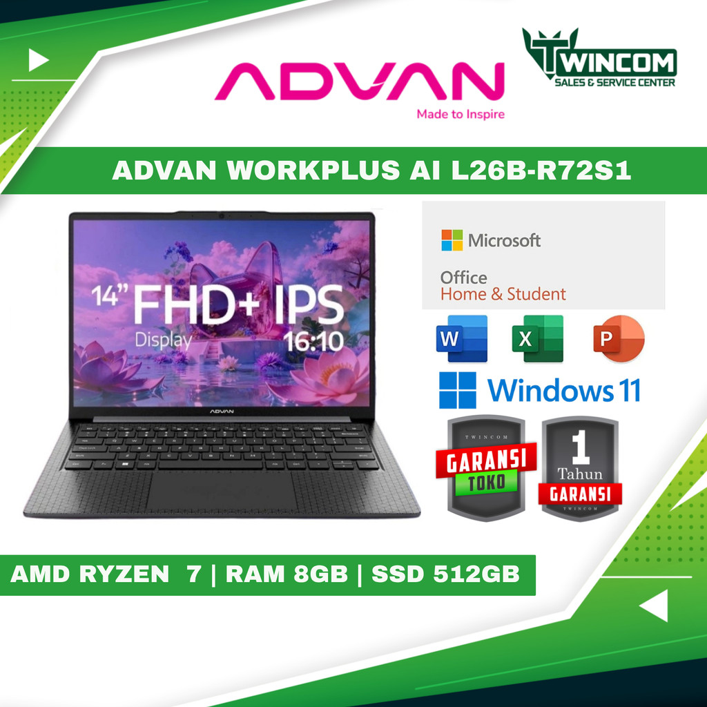 ADVAN Laptop Workplus AI Ryzen 7 255 | 8GB 14 Inch IPS